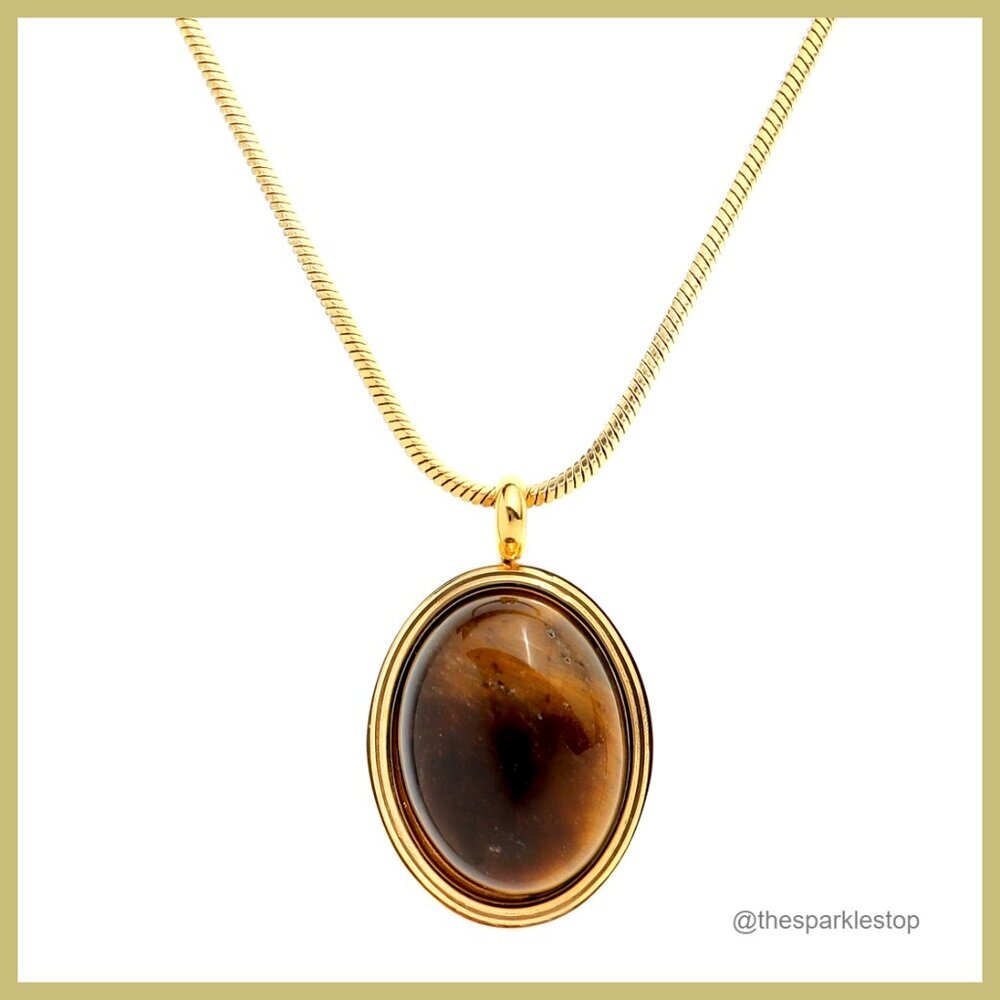 Gold Plated Brass Pendant Necklace with Natural Tiger's Eye Gemstone